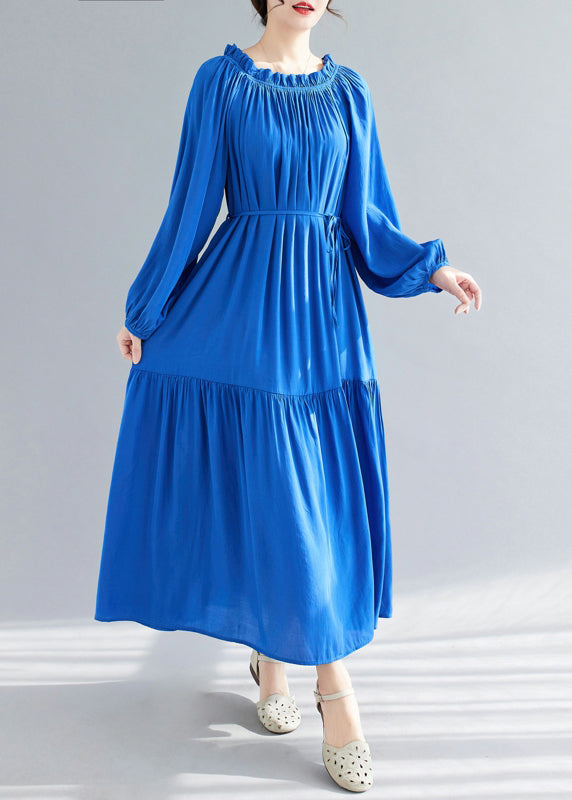 Robe longue en mousseline de soie à volants et col rond bleu Printemps GH1081