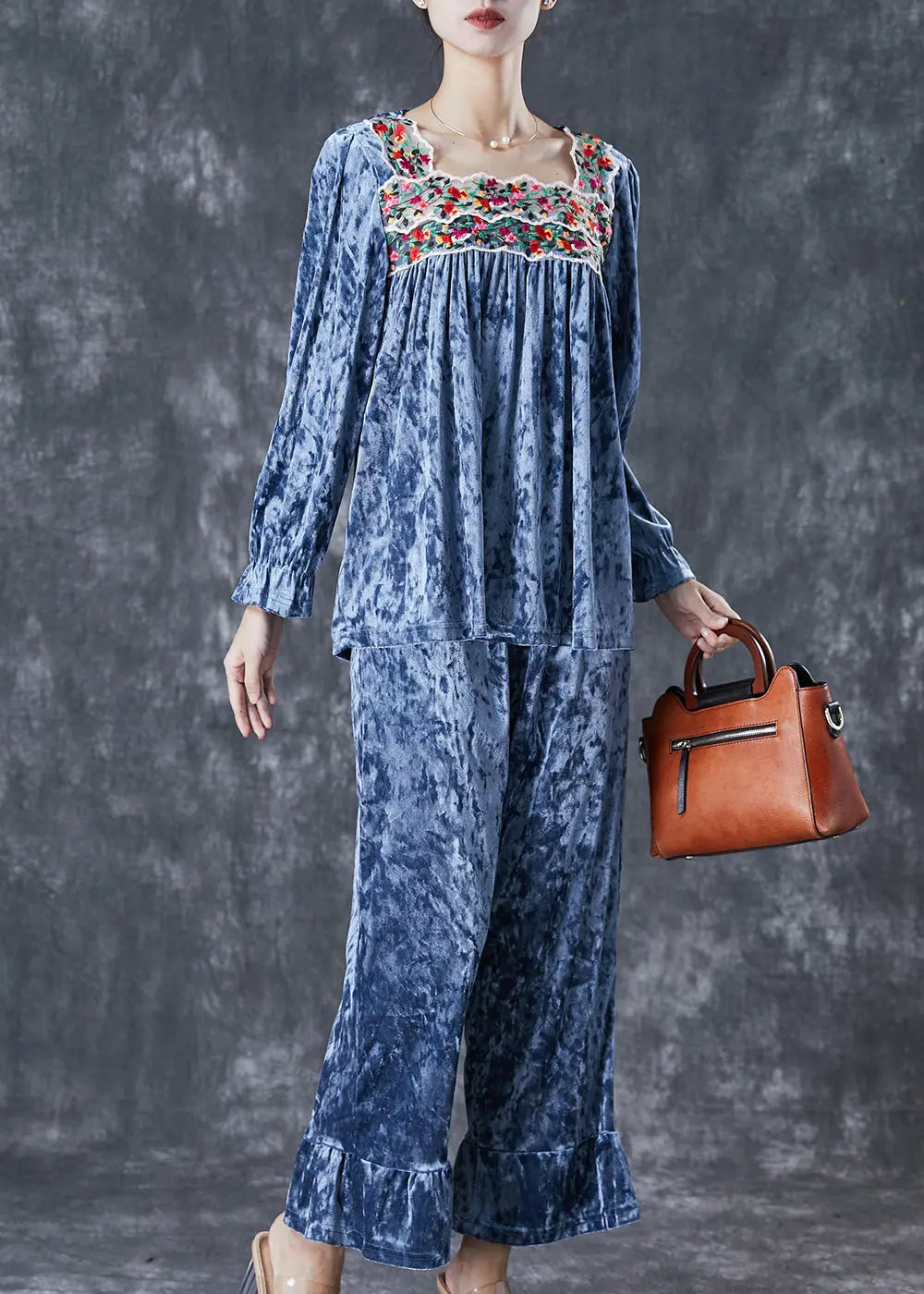 Blue Patchwork Silk Velour Two-Piece Set Square Collar Embroidered Fall Ada Fashion