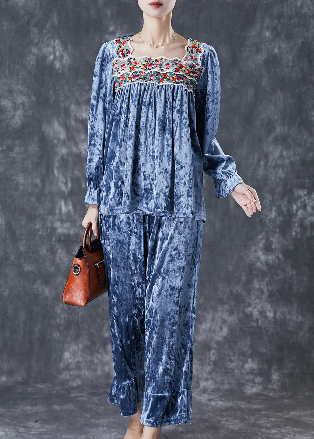 Blue Patchwork Silk Velour Two-Piece Set Square Collar Embroidered Fall Ada Fashion