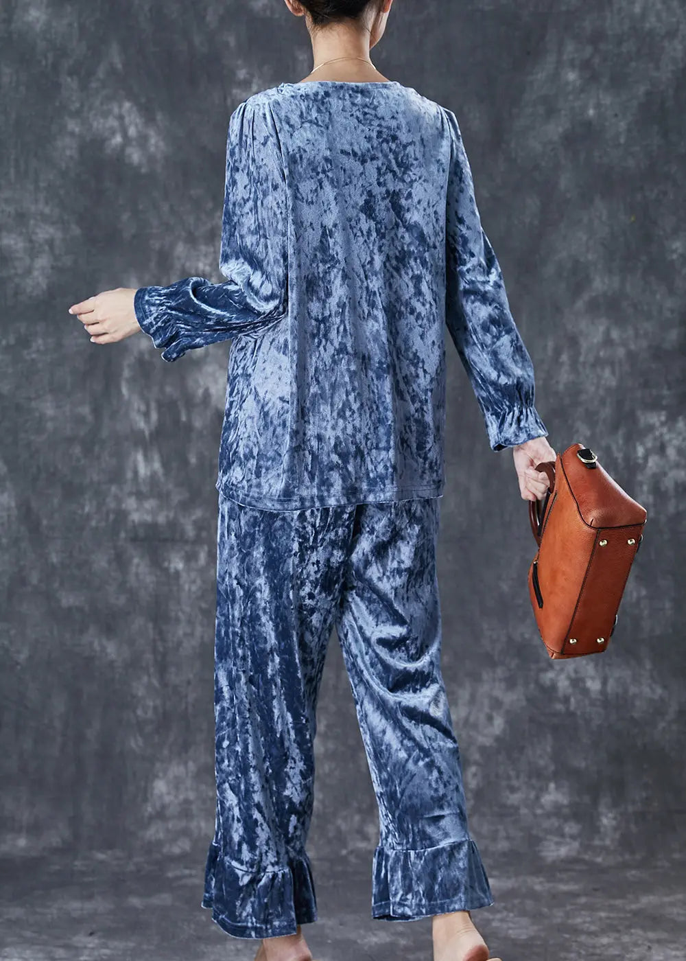 Blue Patchwork Silk Velour Two-Piece Set Square Collar Embroidered Fall Ada Fashion