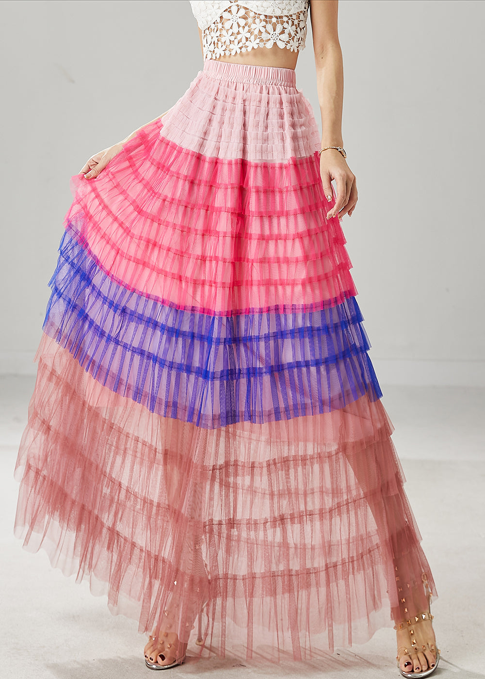 Blue Patchwork Tulle Beach Skirts Layered Ruffled Summer YU1029