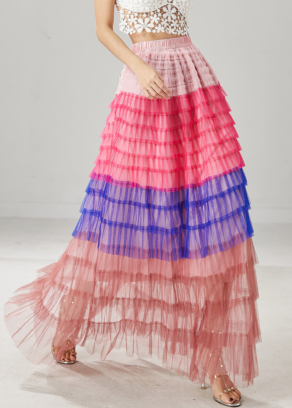 Blue Patchwork Tulle Beach Skirts Layered Ruffled Summer YU1029