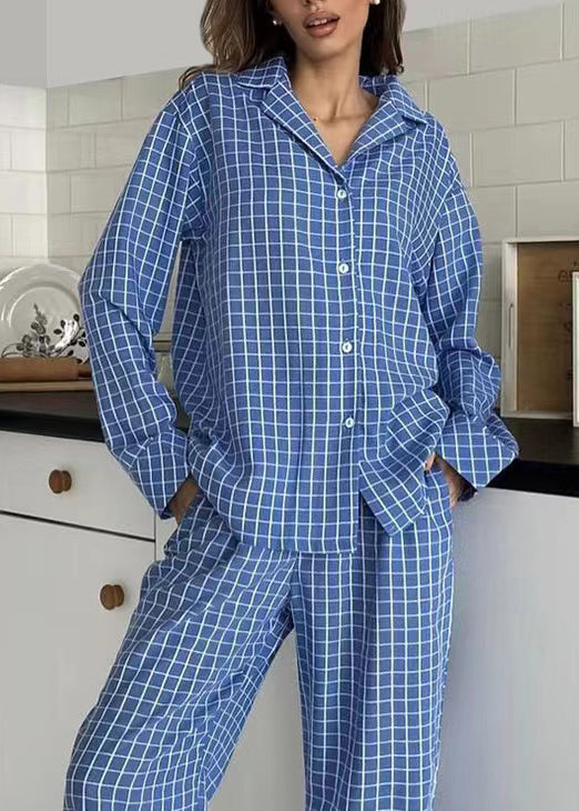 Fall Plaid Cotton Pieces Pajama Two Sets Oversized Blue