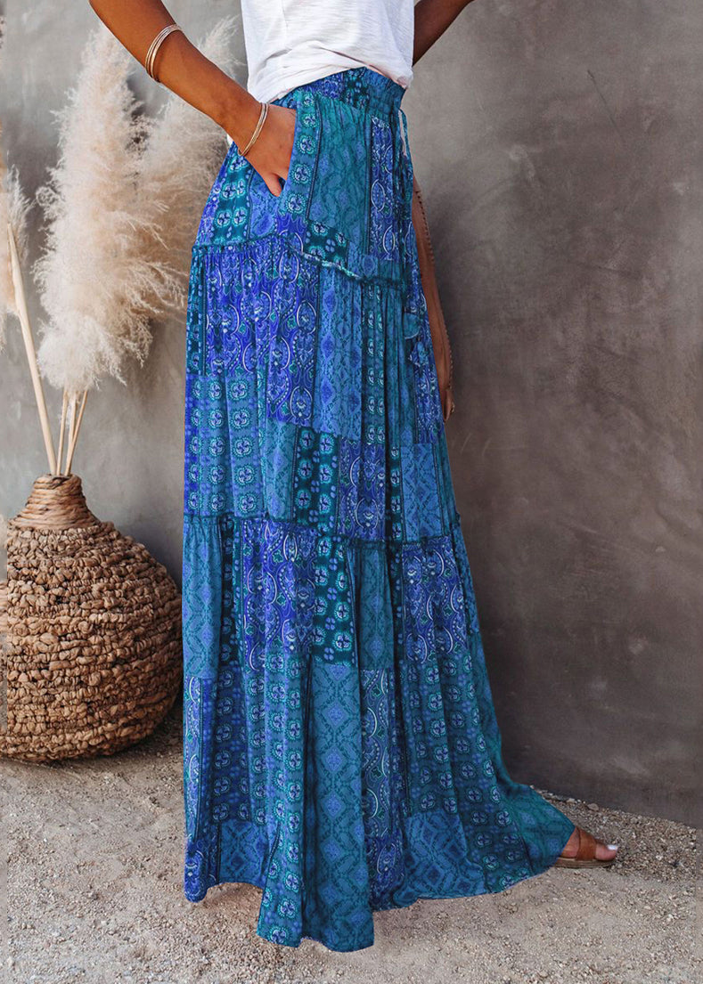 Skirts Pockets Maxi Waist Blue Elastic Summer