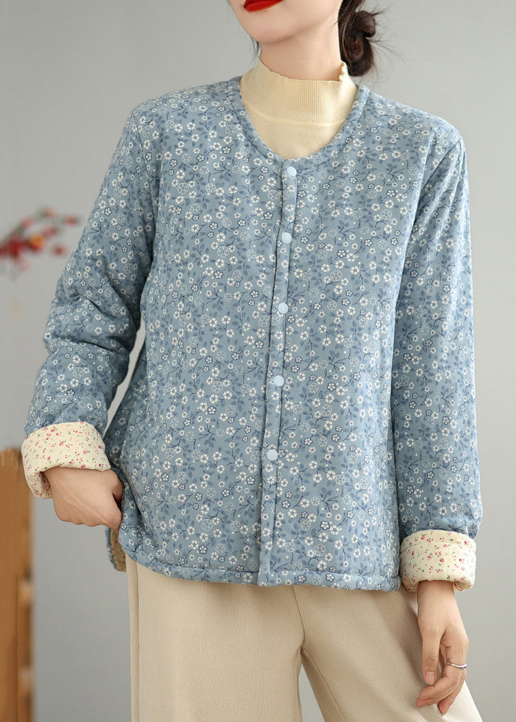 Blue Print Button Cotton Filled Winter Coat O Neck QO030