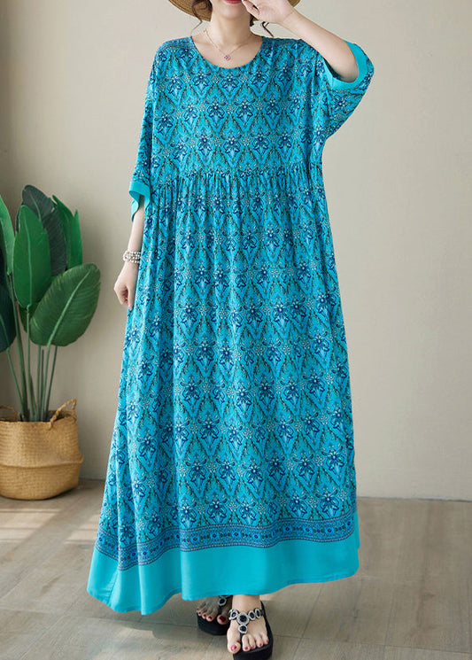 Robe longue en coton à imprimé bleu grande taille à col rond pour l'été AP041