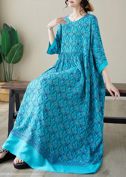 Blue Print Plus Size Cotton Long Dress O Neck Summer AP041