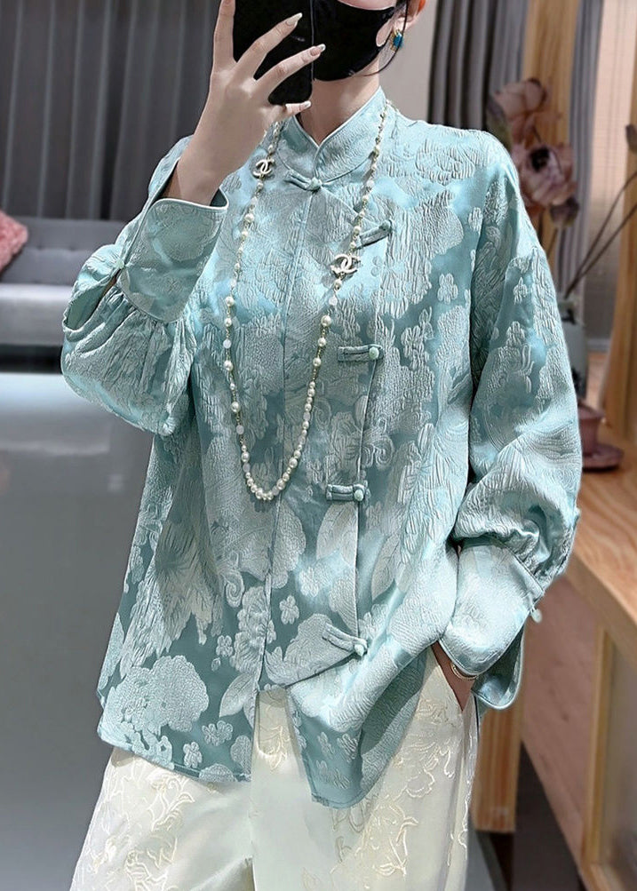 Blue Sky Blue Print Silk Shirt Stand Collar Long Sleeve Ada Fashion