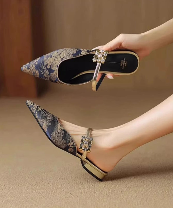 Sandales pointues en jacquard bleu à bout ouvert et épissure de zircon