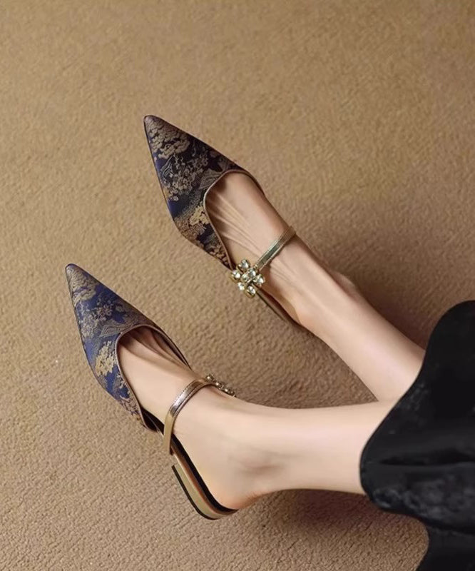 Sandales pointues en jacquard bleu à bout ouvert et épissure de zircon
