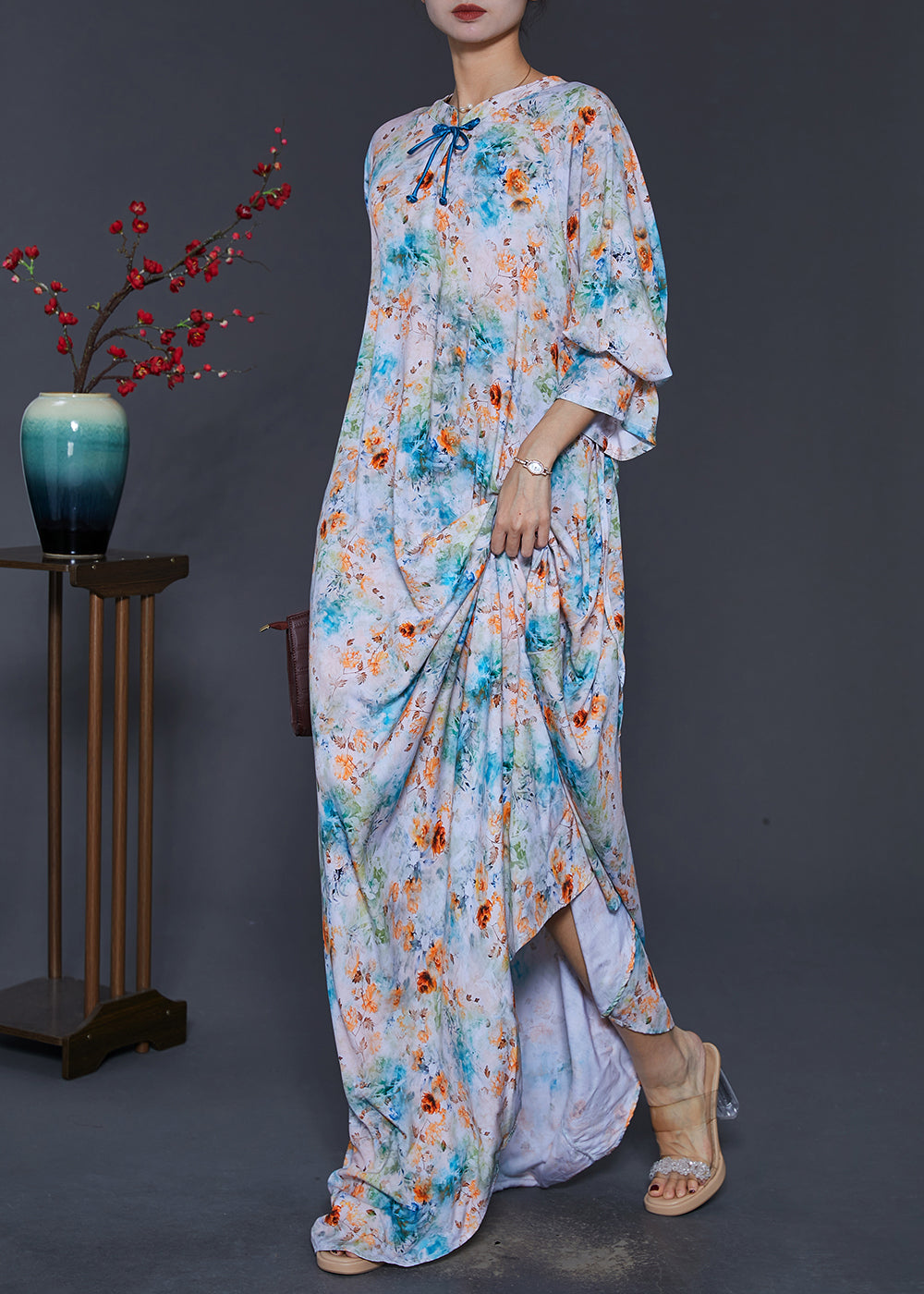 Robe d'été à pampilles en coton bleu tie dye SD1049