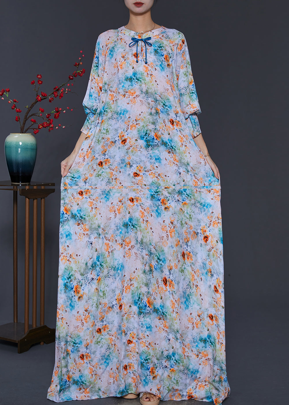 Robe d'été à pampilles en coton bleu tie dye SD1049