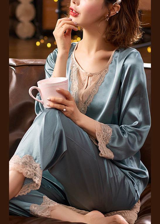 Set Blue Pajamas Two And O Pants Tops Silk Fall Crop Piece Neck