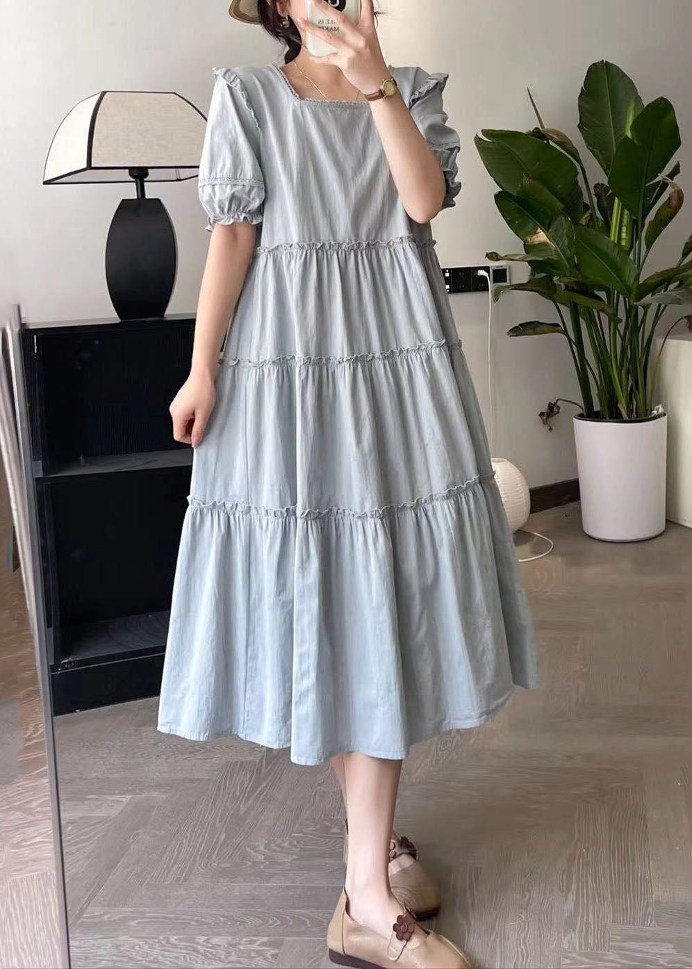 Robe longue de vacances en patchwork bleu froissé été BV028