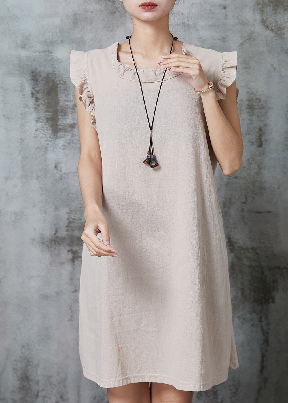 Bohemian Apricot Tie Waist Cotton Mini Dress Summer AL1010