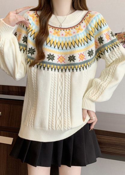 Bohemian Beige O Neck Jacquard Thick Knit Pullover Winter RG029