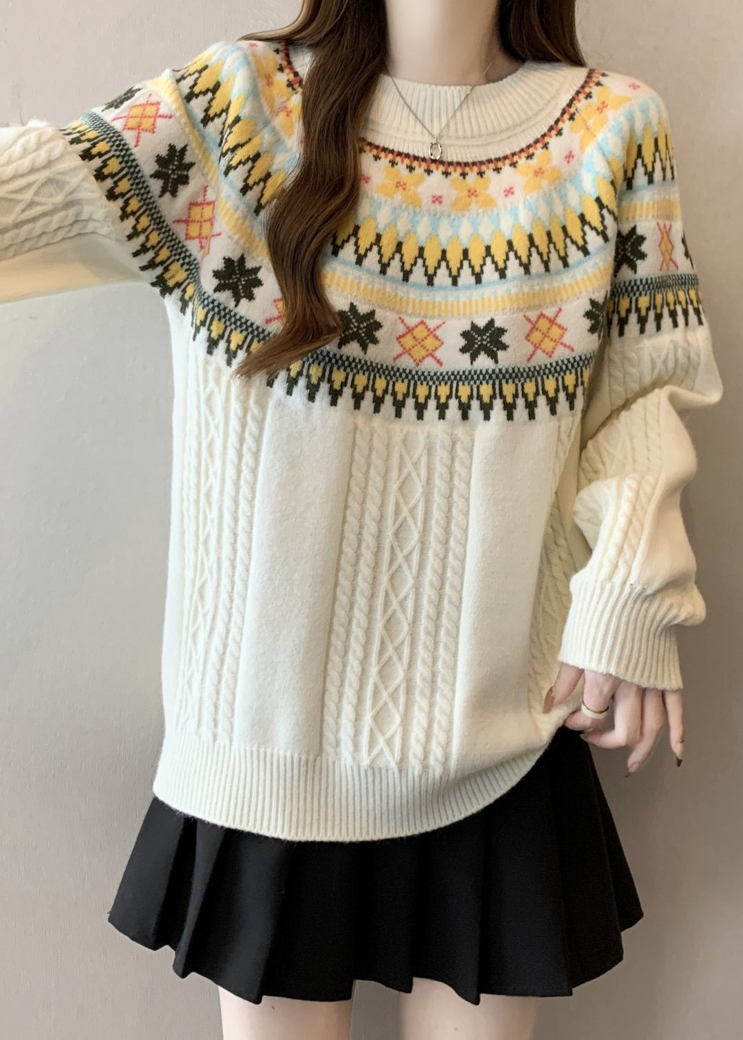 Bohemian Beige O Neck Jacquard Thick Knit Pullover Winter RG029