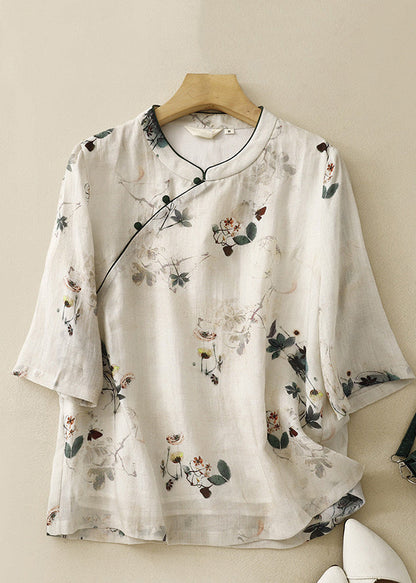 Bohemian Beige Stand Collar Print Linen Tops Summer AM1037