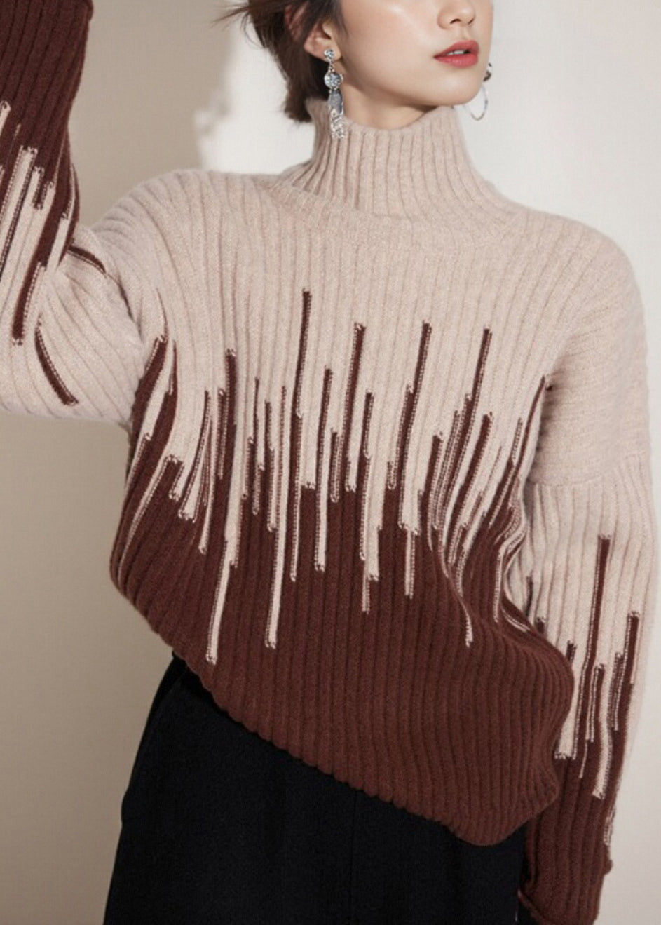 Bohemian Beige Turtleneck Thick Knit Sweater Winter WK007