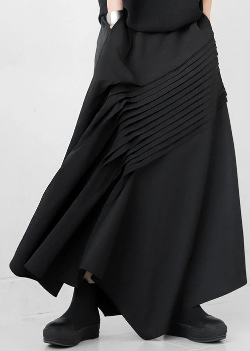 Wrinkled Asymmetrical Fall Black Cotton Bohemian Skirt
