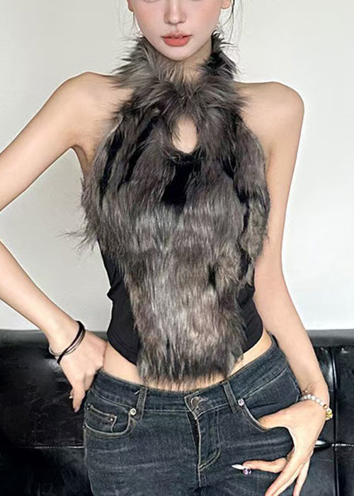 Out Black Hollow Bohemian Tanks Fluffy Sleeveless Patchwork