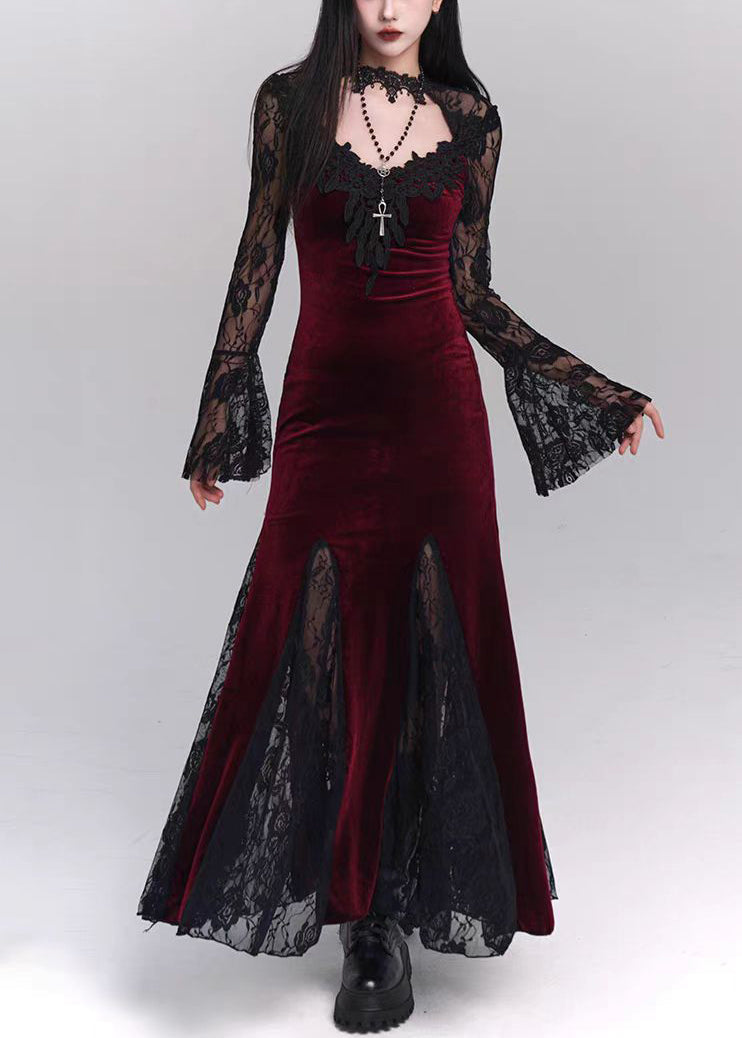 Bohemian Schwarz Aushöhlen Spitze Patchwork Seide Samt Maxi Kleider Flare Ärmel YT034