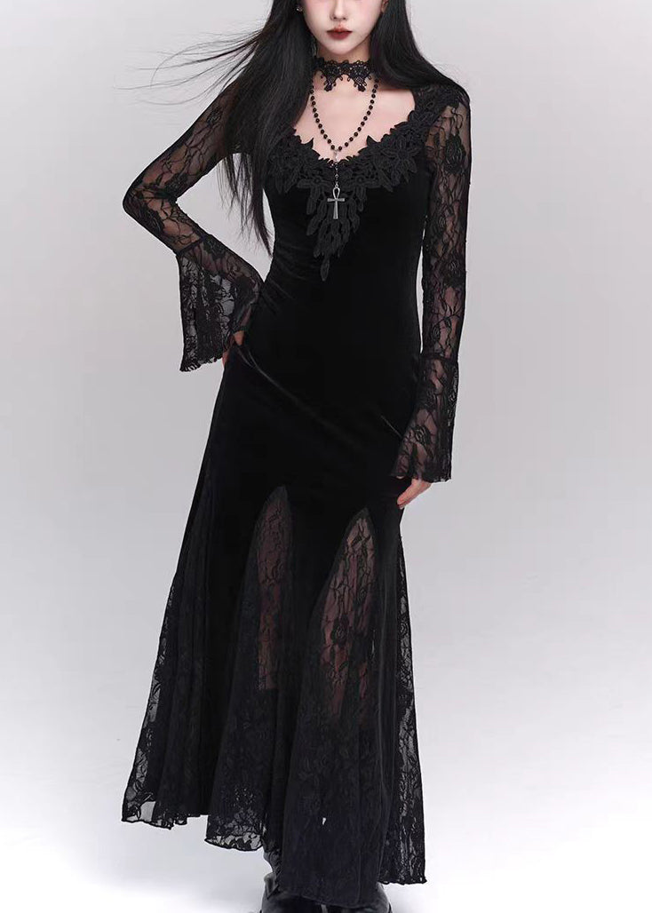 Bohemian Schwarz Aushöhlen Spitze Patchwork Seide Samt Maxi Kleider Flare Ärmel YT034