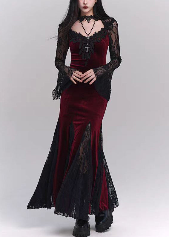 Bohemian Schwarz Aushöhlen Spitze Patchwork Seide Samt Maxi Kleider Flare Ärmel YT034