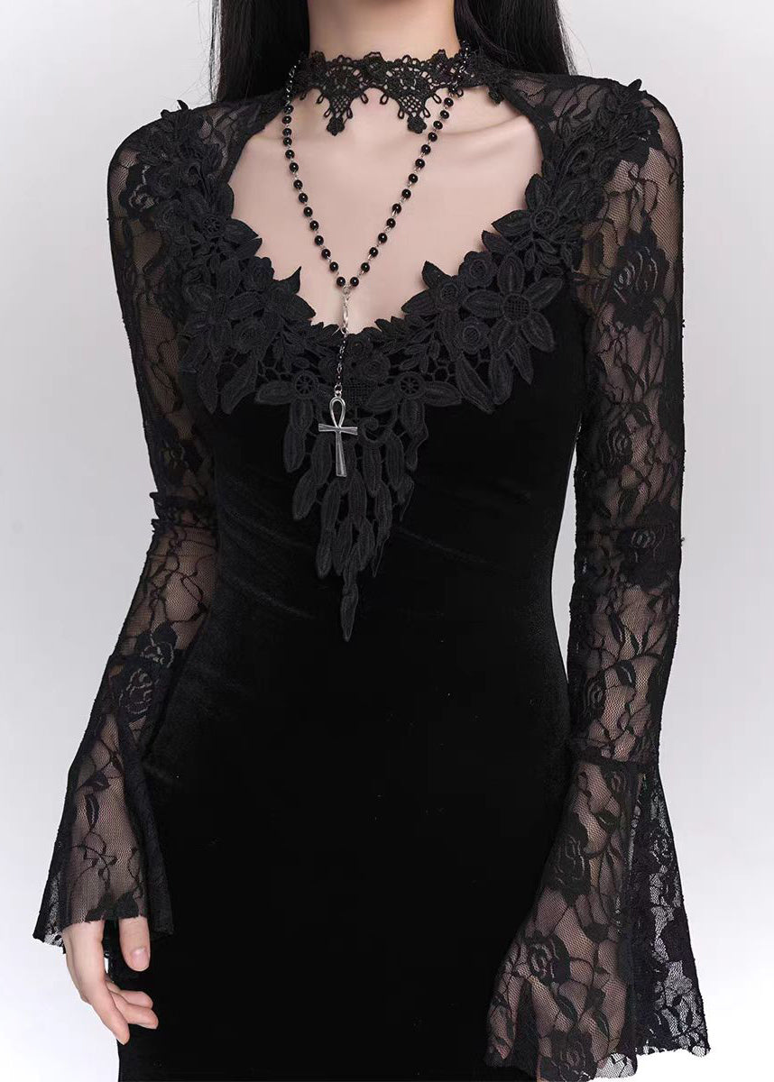 Bohemian Schwarz Aushöhlen Spitze Patchwork Seide Samt Maxi Kleider Flare Ärmel YT034