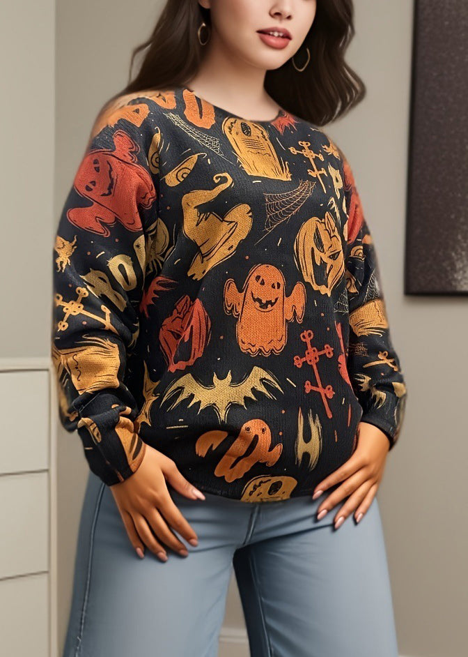 Bohemian Schwarz O Neck Print Gemütliche Strickpullover Herbst AE1008