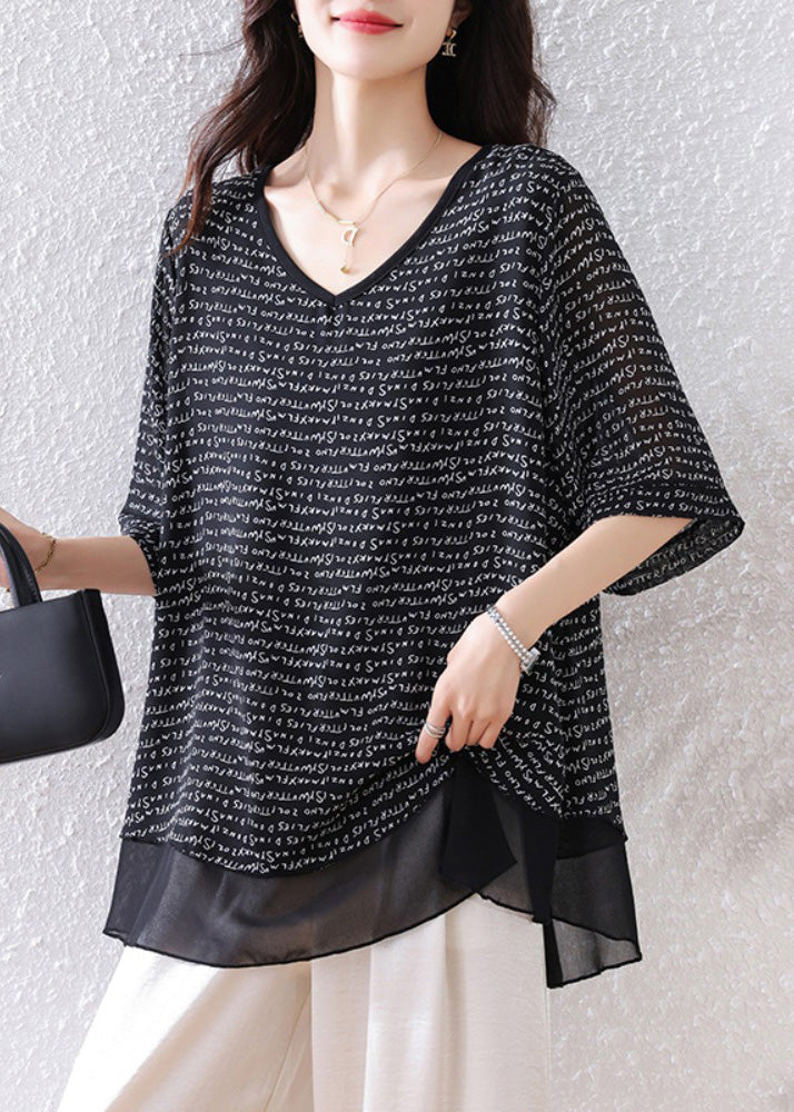 Patchwork Schwarz Übergroße Sommer Tops Bohemian Chiffon