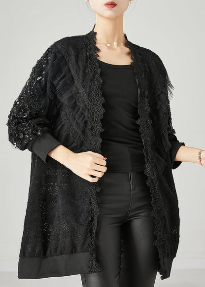 Bohemian Black Ruffled Nail Bead Lace Cardigan Spring YU1048