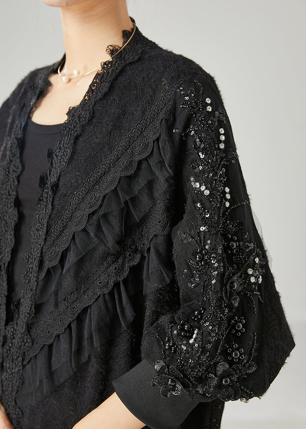 Bohemian Black Ruffled Nail Bead Lace Cardigan Spring YU1048