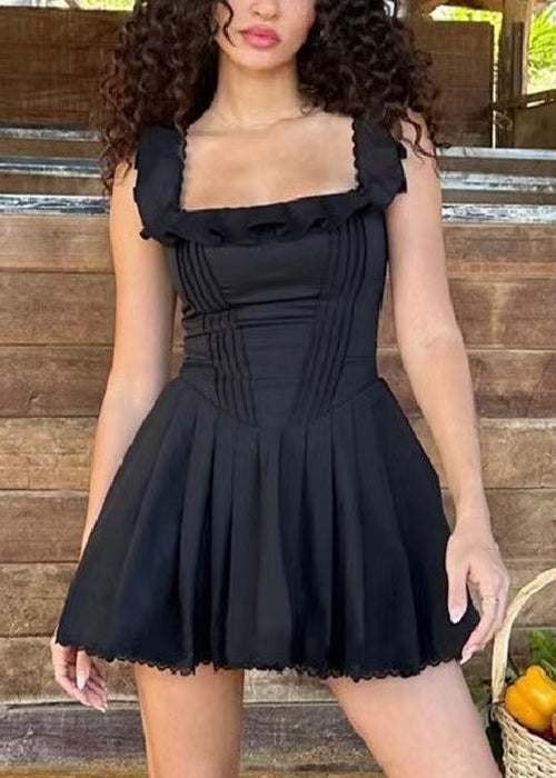 Robe mi-longue bohème noire à volants en coton uni sans manches YT007