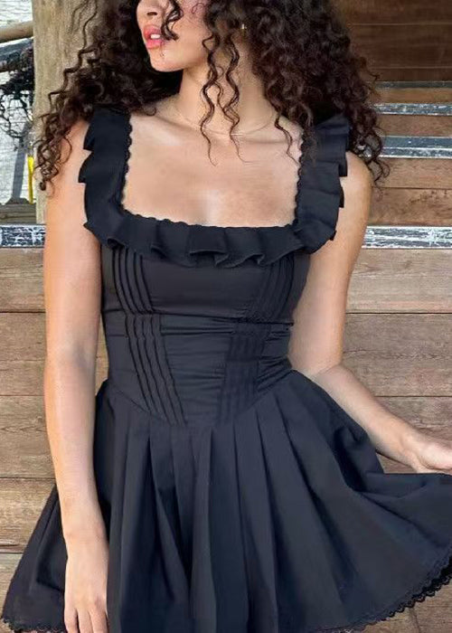 Robe mi-longue bohème noire à volants en coton uni sans manches YT007