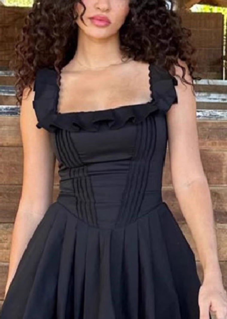 Robe mi-longue bohème noire à volants en coton uni sans manches YT007