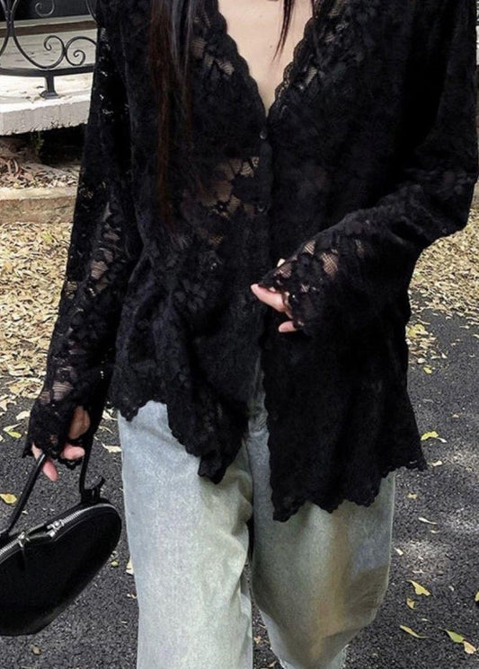 Chemise col printemps bohème dentelle noire ajourée V
