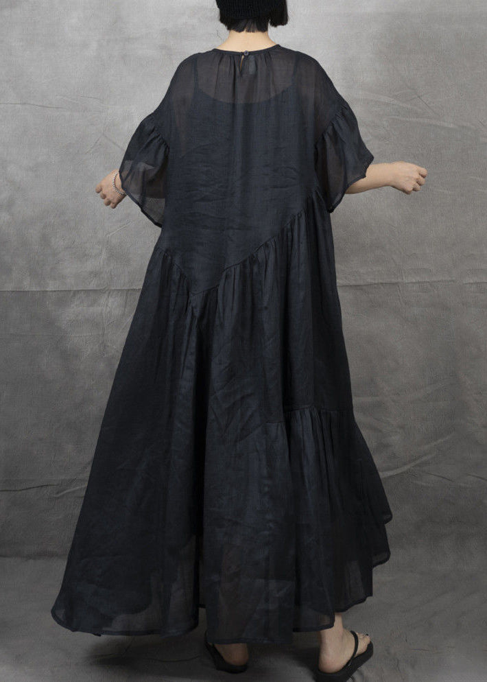 Robe longue bohème noire froissée à manches courtes en patchwork GH1043