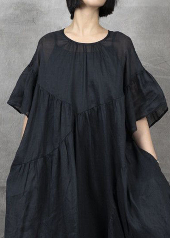 Robe longue bohème noire froissée à manches courtes en patchwork GH1043