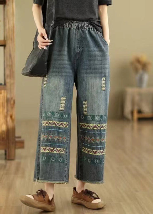 Bohemian Blue Embroidered Pockets Denim Wide Leg Pants Spring QQ1036