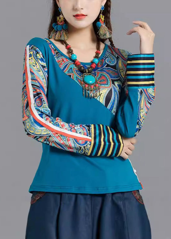 Hauts en coton patchwork imprimés bleu bohème à col rond, printemps TH046