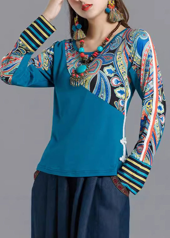Hauts en coton patchwork imprimés bleu bohème à col rond, printemps TH046