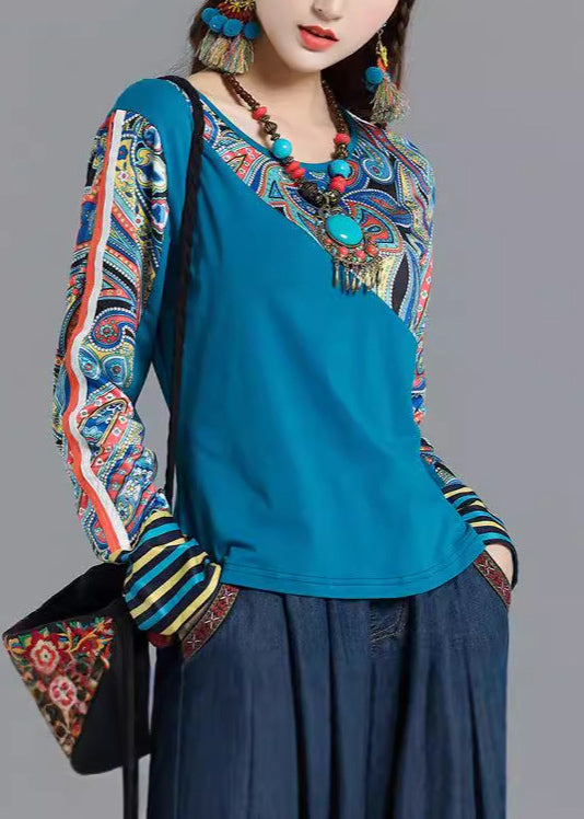 Hauts en coton patchwork imprimés bleu bohème à col rond, printemps TH046