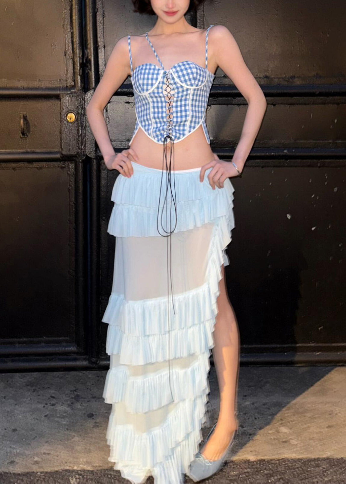 Rüschen Baumwolle Weiß Plaid Röcke Und Zwei Böhmische Tank Blau