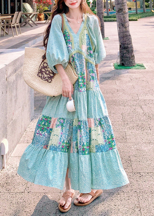 Bohemian Dresses Patchwork Print Half Blue Side Cotton Open Maxi