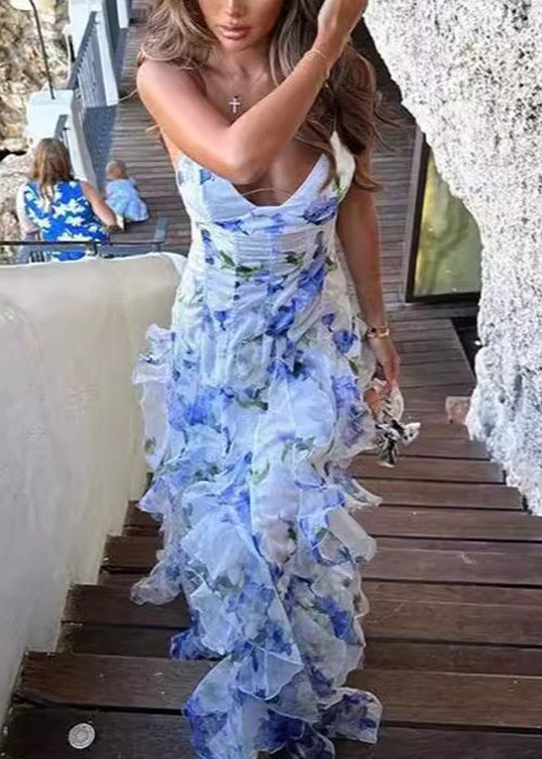 Robe bohème bleue à volants et bretelles spaghetti en tulle sans manches BB046