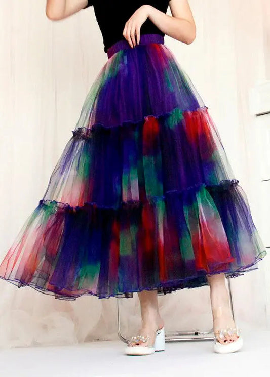 Bohemian Blue Ruffled Tie Dye Tulle Skirt Spring Ada Fashion