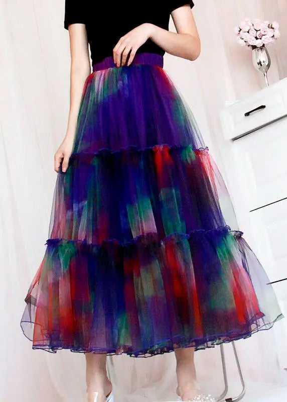 Bohemian Blue Ruffled Tie Dye Tulle Skirt Spring Ada Fashion