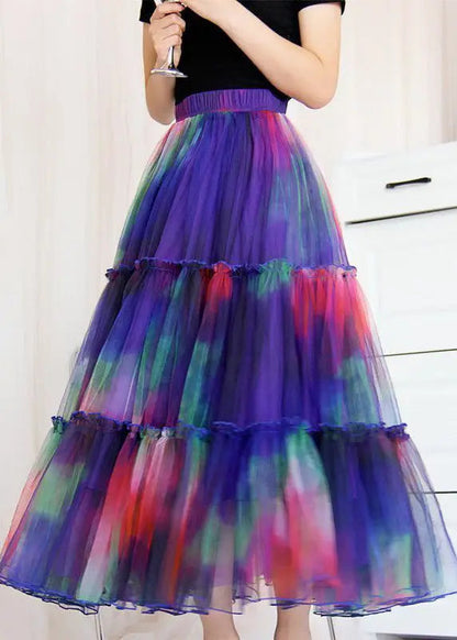 Bohemian Blue Ruffled Tie Dye Tulle Skirt Spring Ada Fashion