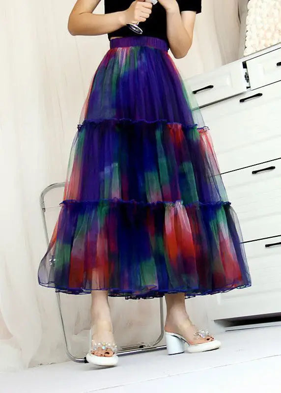 Bohemian Blue Ruffled Tie Dye Tulle Skirt Spring Ada Fashion